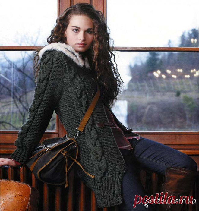 Кардиган с капюшоном косами, вязанный спицами. Описание, схемы, выкройка