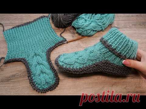Домашние следки сапожки с объёмными косами спицами 🐉 Home slippers knitting pattern