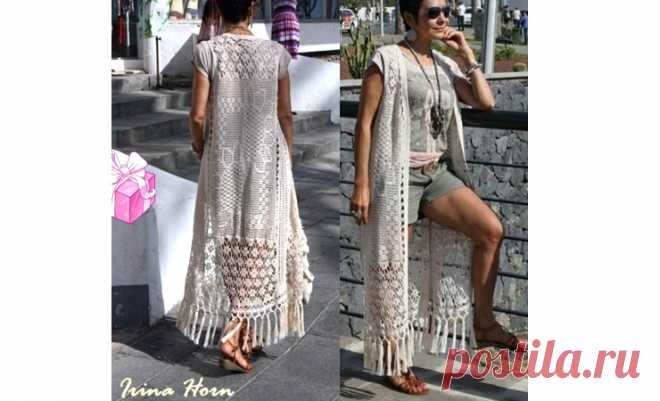 Жилет «Подсолнухи» Вязаный крючком в технике филе длинный жилет «Подсолнухи». Схема Автор: Ирина Хорн