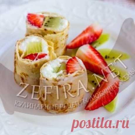 Роллы из блинов с творогом и фруктами — Кулинарные рецепты любящей жены