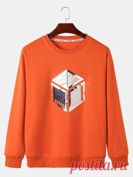 Mens 100% Cotton Graphic Chest Print Solid Color Casual Pullover Sweatshirts - US$25.99