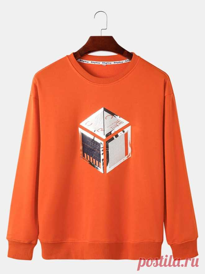 Mens 100% Cotton Graphic Chest Print Solid Color Casual Pullover Sweatshirts - US$25.99