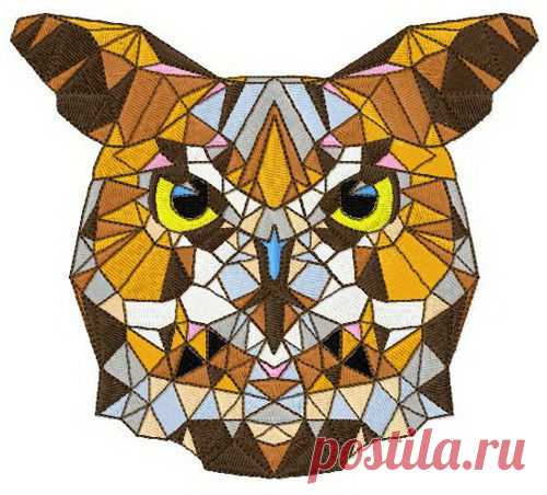 Mosaic owl 3 embroidery design Sizes: 100 × 88 mm, 110 × 97 mm, 119 × 105 mm, 140 × 123 mm. Formats: Bernina(art, exp), Brother(pec, pes, phc), Janome(jef, jef+), Melco(exp), Husqvarna/PFAFF(vip, vp3),  Tajima/Barudan(dst, dsb), Husqvarna(hus, shv), Singer(xxx).