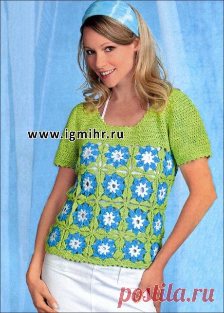 Летний пуловер из цветочных квадратов. Крючок..
