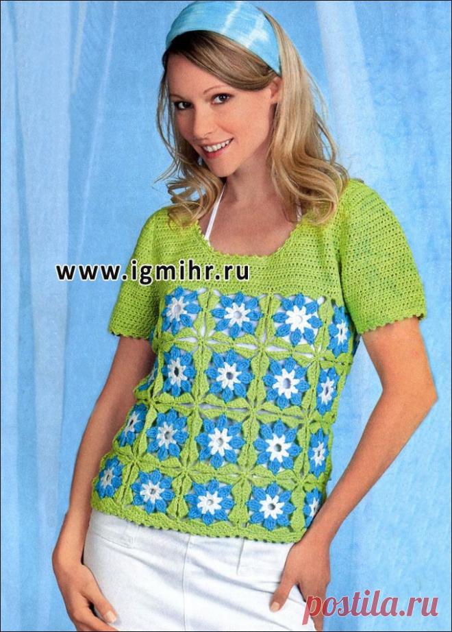 Летний пуловер из цветочных квадратов. Крючок..