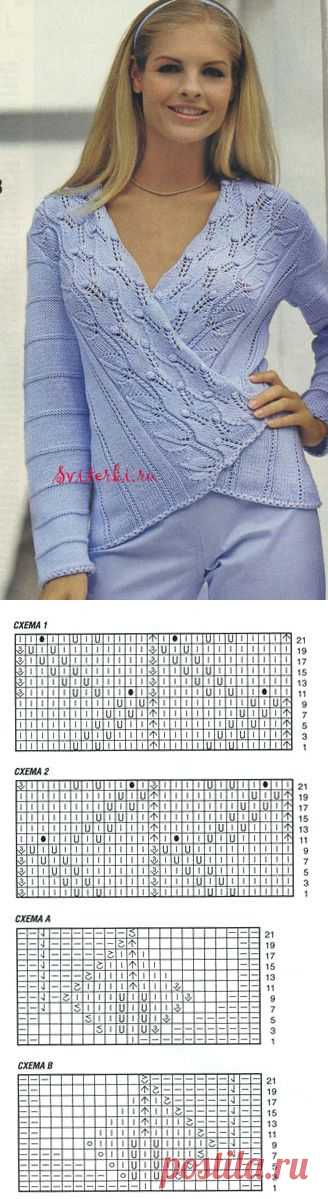 Жакет с ажурными полосами по полочкам (спицы).