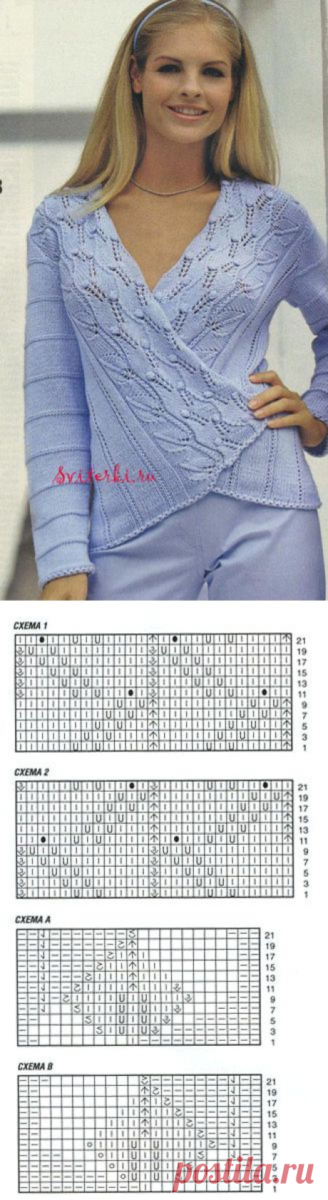 Жакет с ажурными полосами по полочкам (спицы).