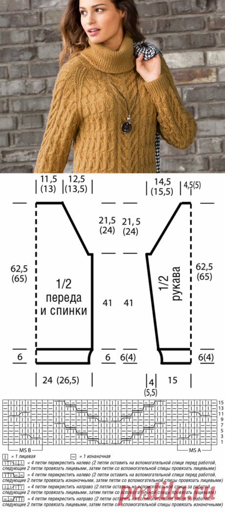 Свитер с «косами» цвета охры - схема вязания спицами. Вяжем Свитеры на Verena.ru
