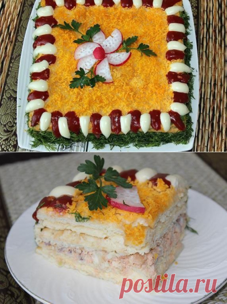 Рыбный салатик - торт с крекерами - Простые рецепты Овкусе.ру
200-250 г - соленых крекеров (у меня ушло 36 шт.,)
  	1 банка - конс. рыбы (сайра, тунец, горбуша),
  	пучок зеленого лука ( я делала с красным луком )
  	4 - вареных яйца,
  	150 г - твердого сыра,
  	1 зуб. - чеснока,
  	майонез.