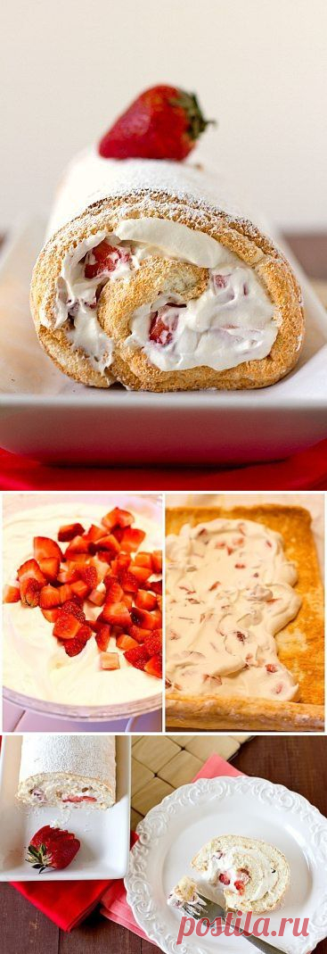 Как приготовить бисквитный рулет с клубникой и сливками - рецепт, ингридиенты и фотографии