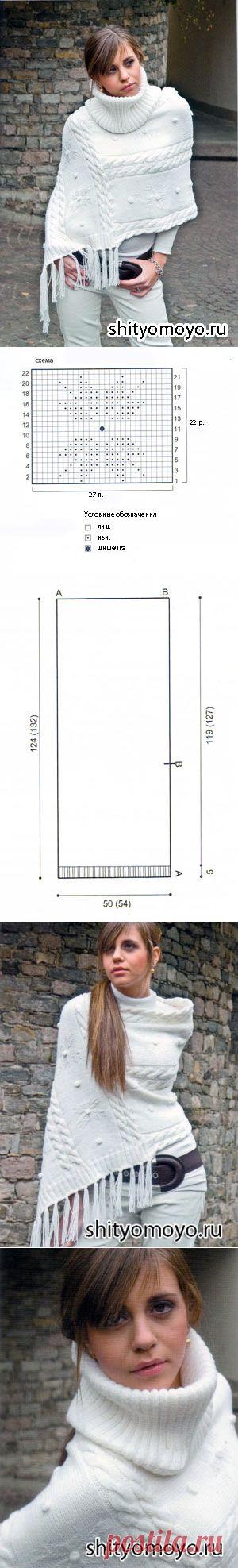 Белое пончо с воротником, связанное спицами. Описание и схемы вязания бесплатно/Шали. Палантины. Платки. Пончо. Накидки. Пелерины./Вязание/Статьи / Шитье, вязание, рукоделие, бисероплетение
