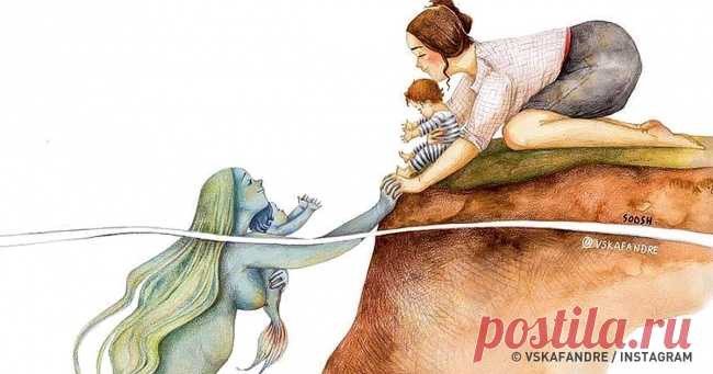 Художница нарисовала историю с милейшим концом о необычной дружбе девочки и русалки . Милая Я