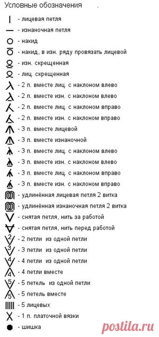 Как читать схемы вязания спицами... Эти обозначения быстро запоминаются даже после первого повязанного узора!