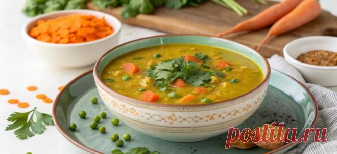 Гороховый суп с морковью, кинзой и куркумой