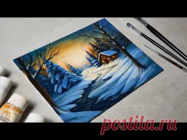 Easy Winter Sunset with Cabin | Beginner Acrylic Painting