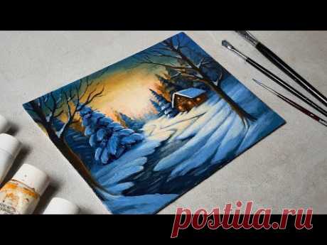 Easy Winter Sunset with Cabin | Beginner Acrylic Painting
