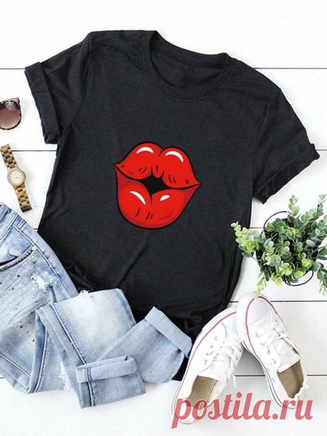 Футболка с круглым вырезом и принтом "помада" | SHEIN