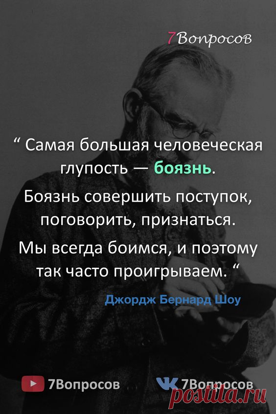 “ Самая большая человеческая глупость — боязнь. Боязнь совершить поступок, поговорить, признаться. Мы всегда боимся, и поэтому так часто проигрываем. “ © Джордж Бернард Шоу. #цитаты #афоризмы…