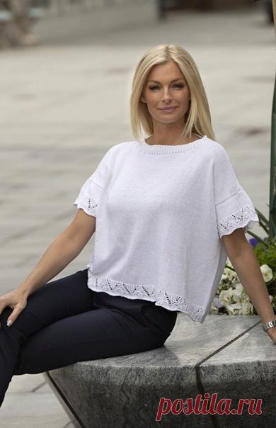 Узор для кофточки

Кофточка вяжется снизу вверх, по кругу до пройм, после чего перед и спинка вяжутся отдельно.

Размер: XS (S) M (L) XL (XXL)
Окружность груди: 97 (103) 114 (120) 126 (131) см
Длина: 54 (55) 56 (57) 58 (59) см
Длина рукава: 7 (7) 8 (8) 8 (9) см

Пряжа: Viking Bambino (50% бамбук, 50% хлопок, 50 г = 176 м)

Тело
Наберите 272 (288) 320 (336) 352 (368) п. на спицы размером 3 мм и вяжите ажурным узором по кругу, как показано на схеме. Когда узор провязан помес...