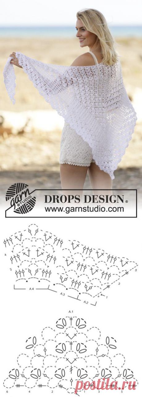 Chal de ganchillo DROPS con patrón de abanicos en franjas, en “Cotton Viscose”. ~ DROPS Design