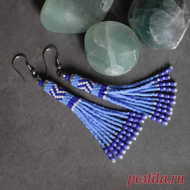 串珠流苏耳环 Miyuki 珠子 米色、长春花色、钴蓝色手术钢 - Etsy China