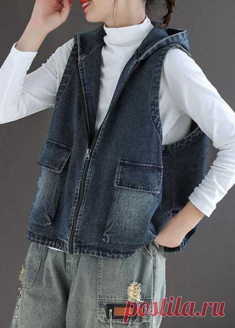 Casual Blue Denim Zippered Pockets Fall Sleeveless Waistcoat – SooLinen