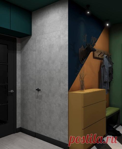 Необычное решение для прихожей. Подобраны темные и сочетающиеся друг с другом цвета. Сделан точечный свет.