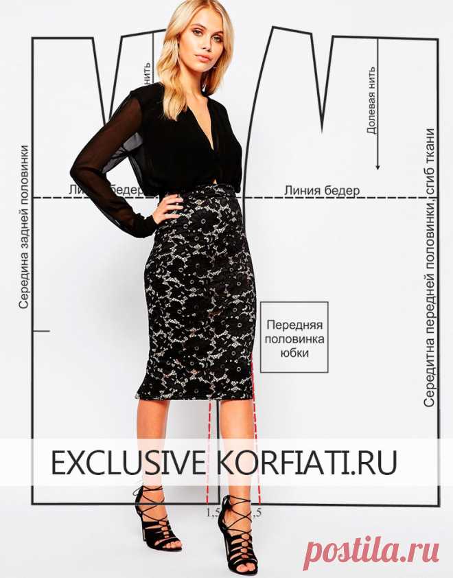 Выкройка кружевной юбки от Анастасии Корфиати Эта прекрасная ажурная юбка карандаш длиной ниже колен заужена книзу. Выкройка кружевной юбки достаточно проста в моделировании и в шитье.