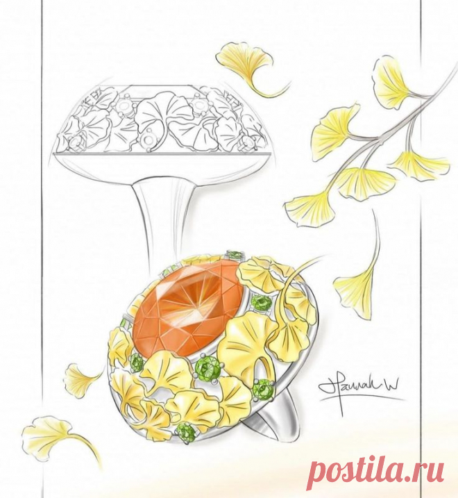 Кольцо. Эскиз. Оранжевый, зелёные камни. Гинко. Желтое золото.