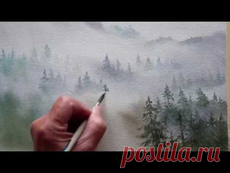 watercolor trees in the mist