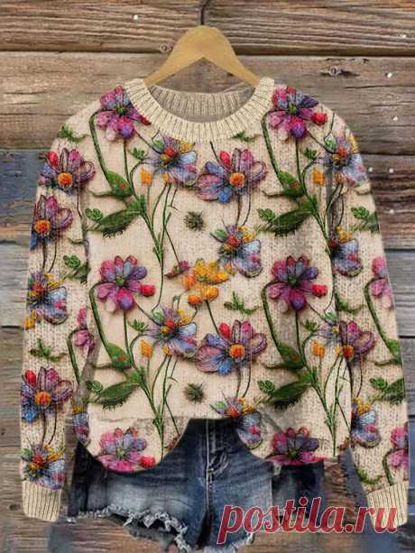 Women's Embroidered Flower Print Crew Neck Sweatshirt Khaki-5XL