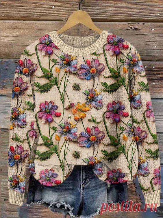 Women's Embroidered Flower Print Crew Neck Sweatshirt Khaki-5XL