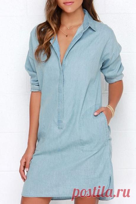 Denim Blue Turn-Down Collar Long Sleeve Dress BLUE: Casual Dresses | ZAFUL