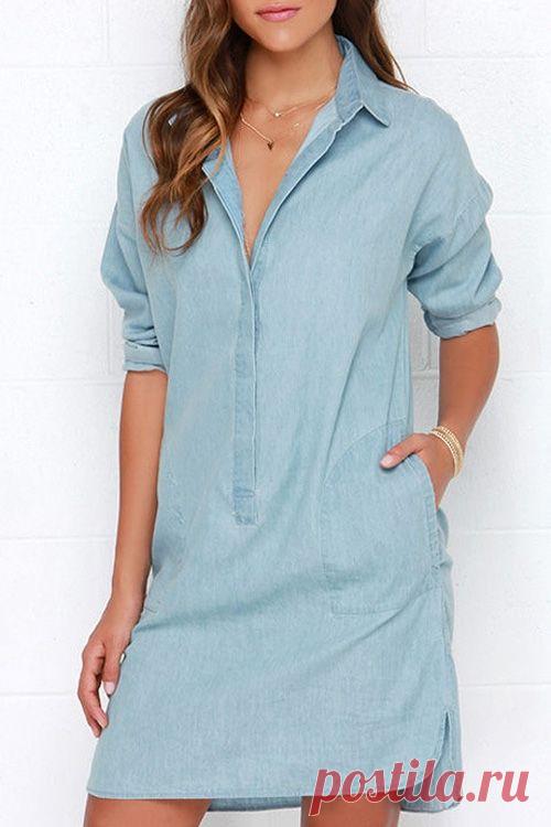 Denim Blue Turn-Down Collar Long Sleeve Dress BLUE: Casual Dresses | ZAFUL
