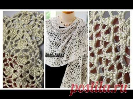 Комбинируем квадратный мотив и узор крючком.Палантин крючком для начинающих.