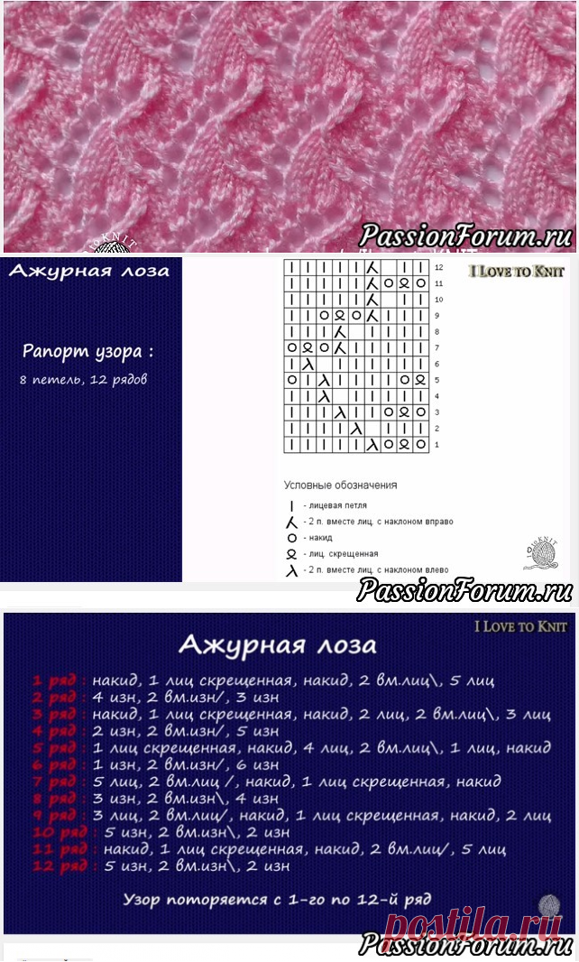 Узор «Ажурная лоза». Видео Мастер класс - запись пользователя Тамара Сергеевна (Тома) в сообществе Вязание спицами в категории Вязание спицами для начинающих