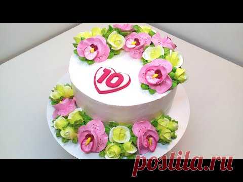 Торт с орхидеями и розами на 10000(крем БЗК). /Cake with orchids and roses for 10К(protein custard).