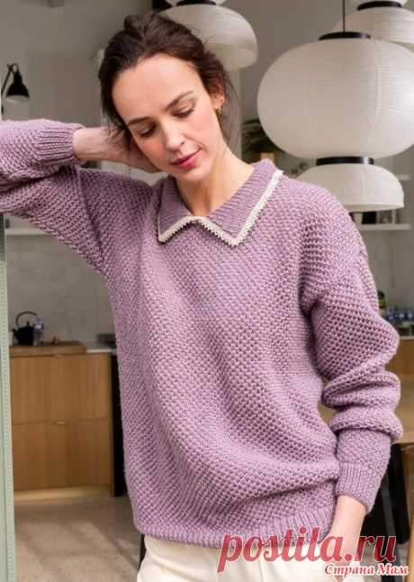 Пуловер с  воротником. Дизайнre de France. Спицы. РАЗМЕРЫ - M, L, XL, XXL.  Обхват груди - 90-97, 98-105, 106-115, 116-125 см.  Ширина спинки/переда изделия – 104, 112, 120, 130 см.  Длина изделия – 64, 66, 68, 70 см.