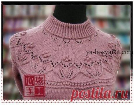 Круглая кокетка с листиками
Круглая кокетка с листиками. Схема красивой кокетки спицами.
Вяжем снизу, по кокетке 14 цветов(рапорт 23 петли)=322 петли. Черный треугольник-3 вместе лицевой.Убавления делаем согласно узора каждые 8 рядов.
#вязание_спицами #кофточка #круглая_кокетка #схема