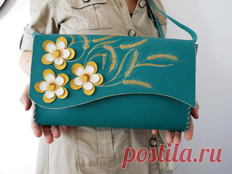 Teal bag Unique leather bag Painted bag Flower purse