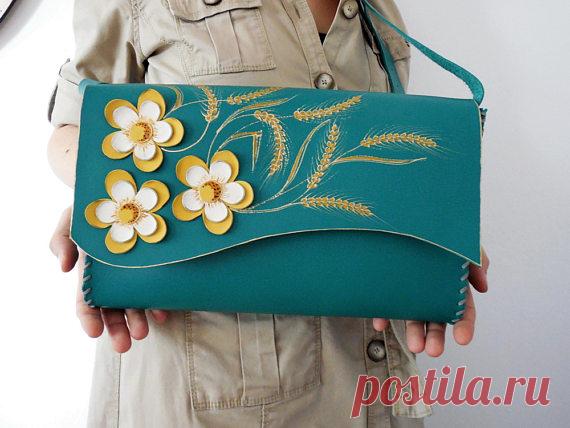 Teal bag Unique leather bag Painted bag Flower purse