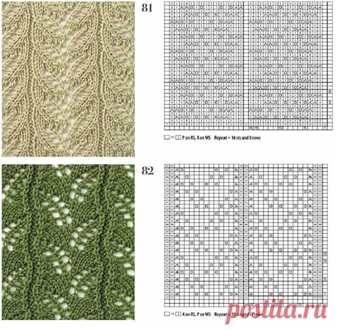 Вязание спицами. Варианты популярных, ажурных узоров «Листья». Схемы узоров | Сундучок с подарками | Яндекс Дзен