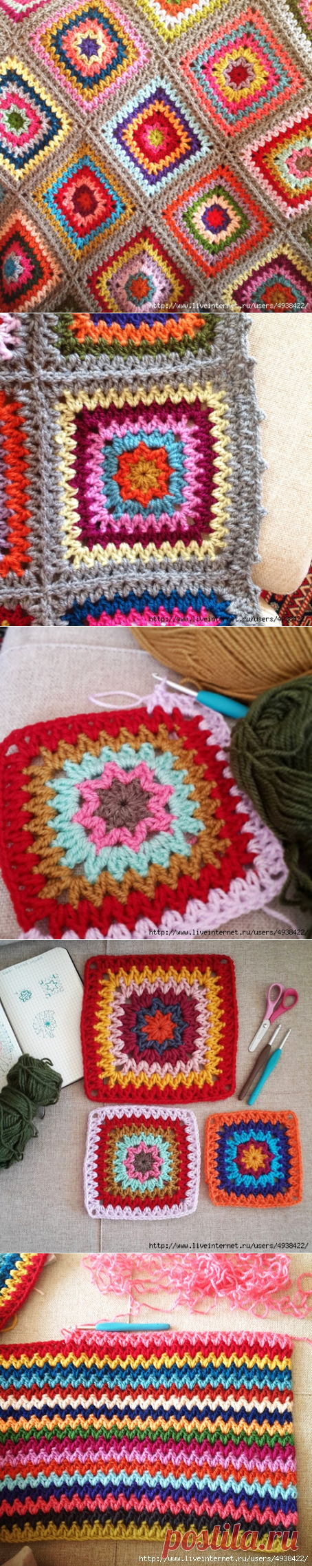 Плед из квадратов с V- стежком.