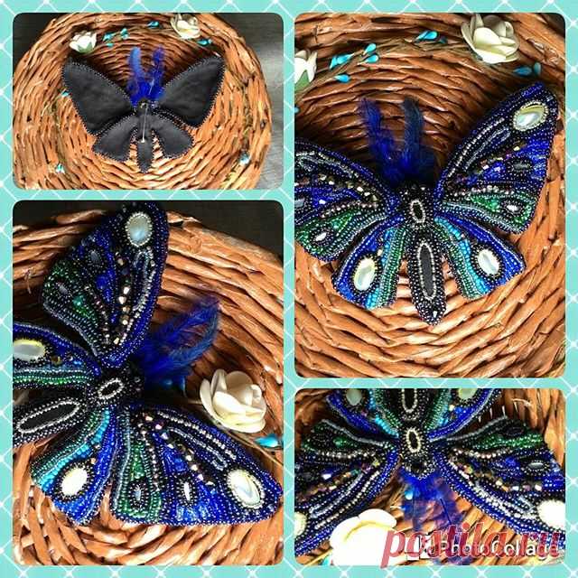#брошьбабочка #автроскиеукрашения  Стильная брошь, кабашоны натурального перламутра, неврит, кристаллы австрийского хрусталя, бисер, перо,метр,кожзам