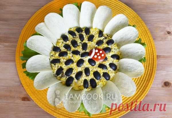 Салат «Подсолнух» с курицей, чипсами и грибами, рецепт с фото
