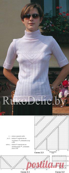 Машинное вязание.Пуловер-гольф с ажурными дорожками