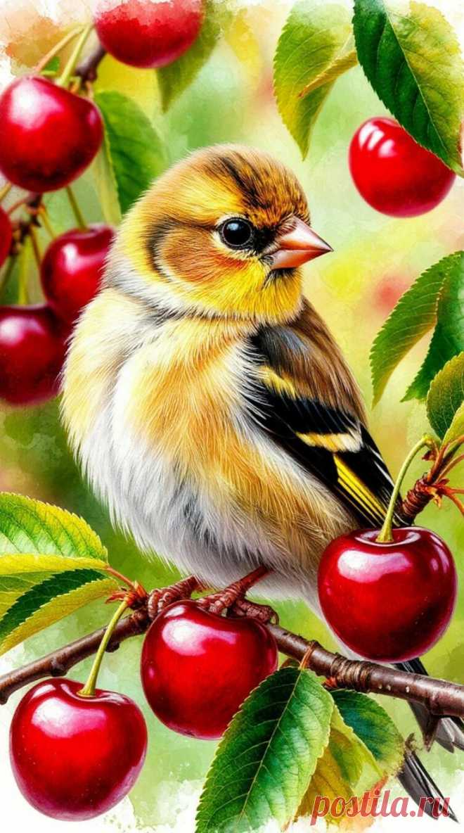 a bird sitting on top of a tree filled with cherries