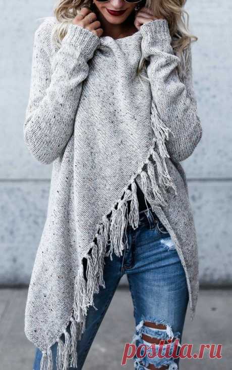 2017 Grey Tassel Asymmetrical Hem Shawl Speckled Fringe…