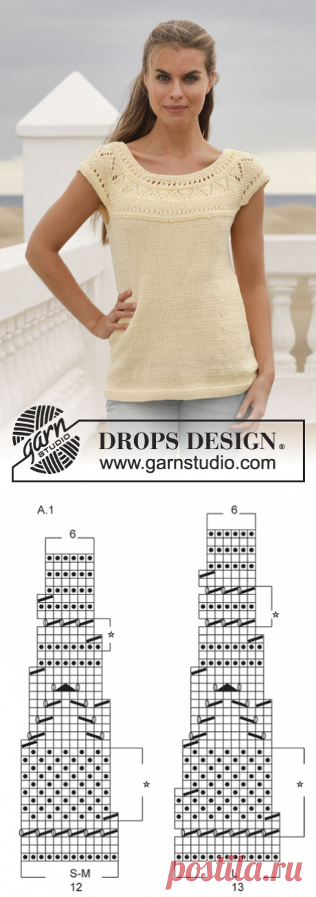 Sunny Side - Knitted DROPS top with lace pattern and round yoke in ”Muskat” or &quot;Belle&quot;. Size: S - XXXL. - Free pattern by DROPS Design