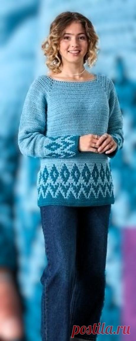 Пуловер FLORA  с мозаичным узором.   Размеры 38/40 42/44 46/48 50/52  Вязаные крючком свитера с мозаичными узорами – это красочные истории, рассказанные шерстью.